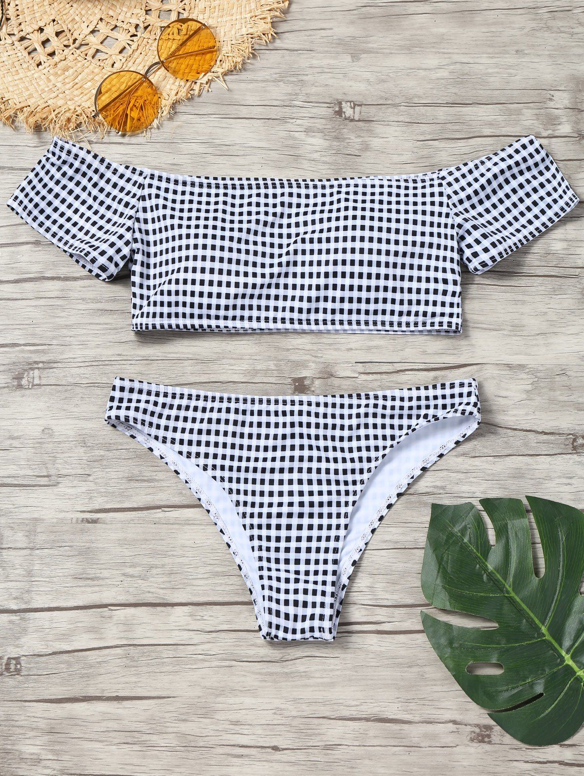 

Off Shoulder Plaid Bikini Set, White and black
