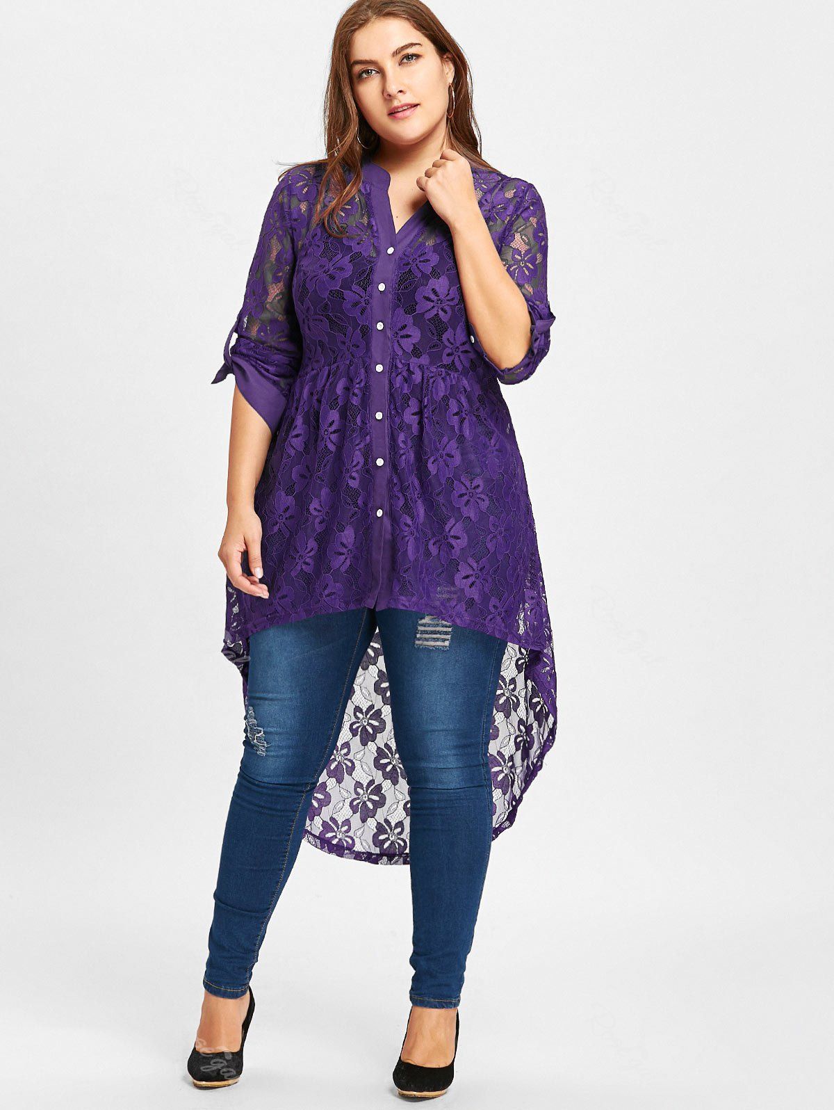 

High Low Lace Long Sleeve Plus Size Top, Purple