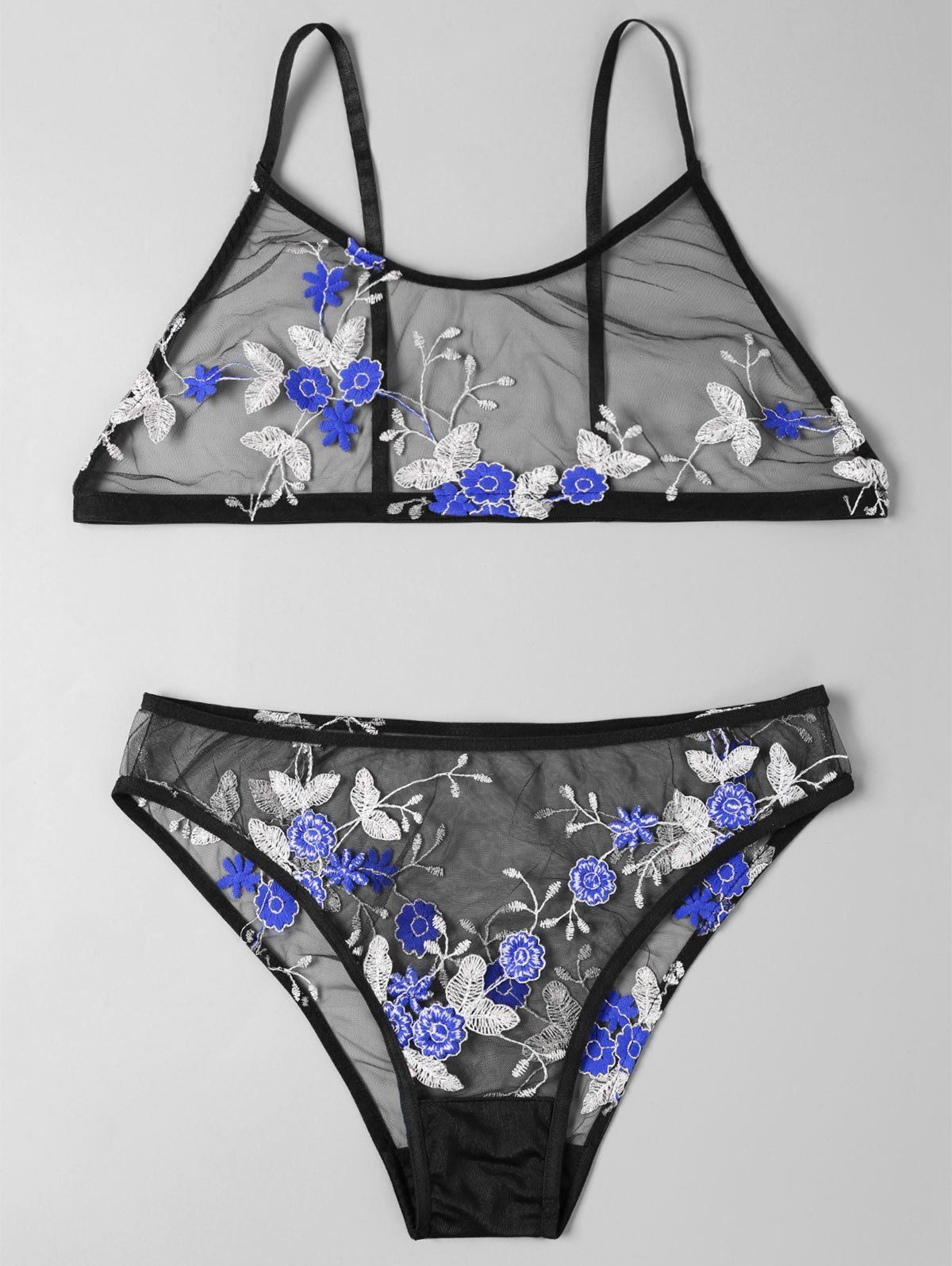 

Mesh See Thru Embroidered Bralette Set, Black