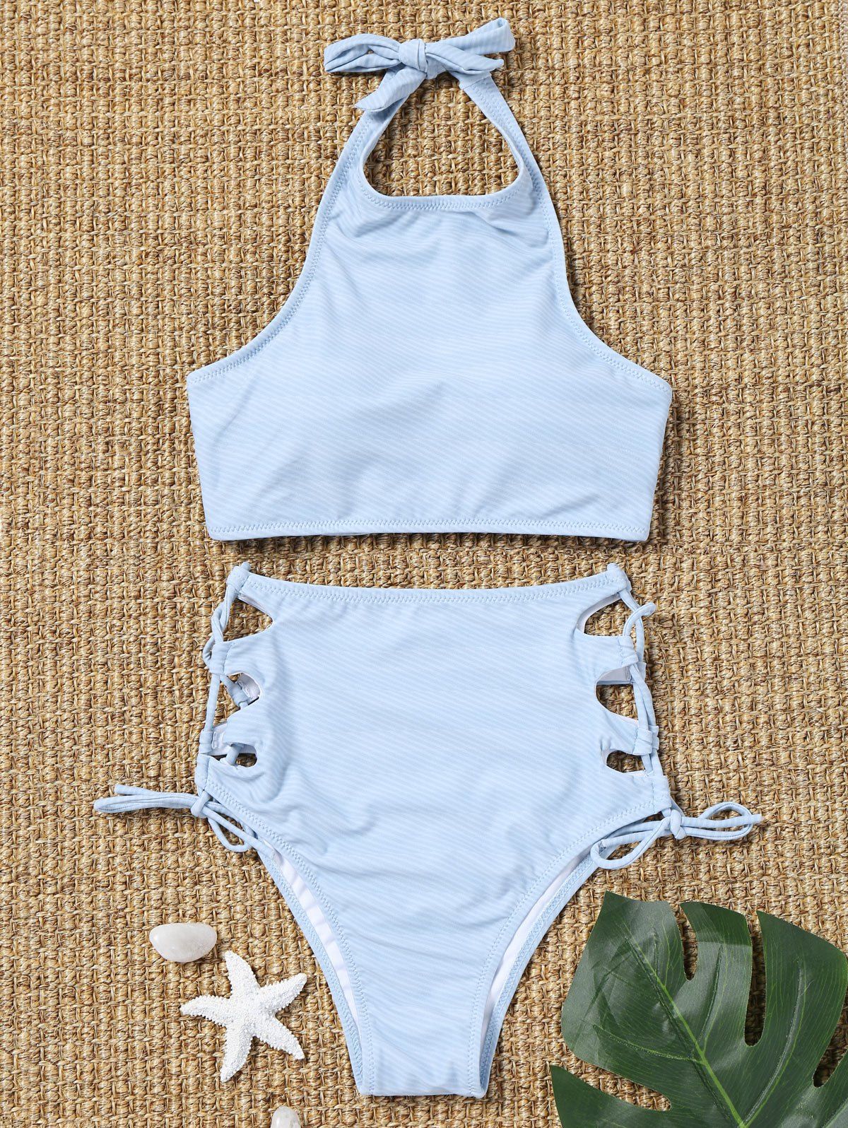 

Striped Side Lace Up High Waisted Bikini, Light blue