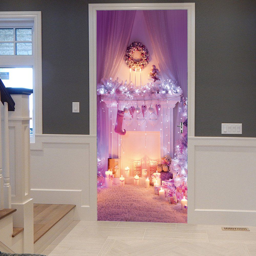 

Christmas Fireplace Pattern Door Stickers, Light purple