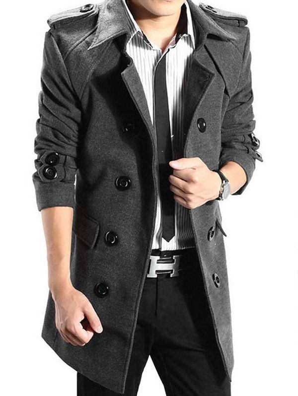 

Double Breasted Epaulet Woolen Trench Coat, Deep gray