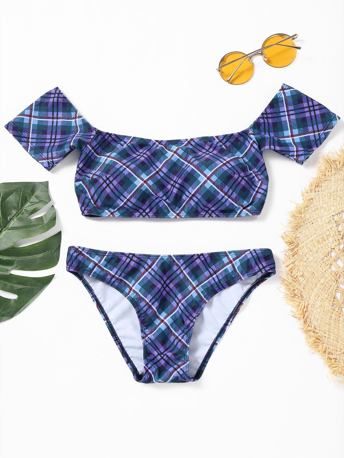 

Plaid Off The Shoulder Bikini Swimsuit, Blue