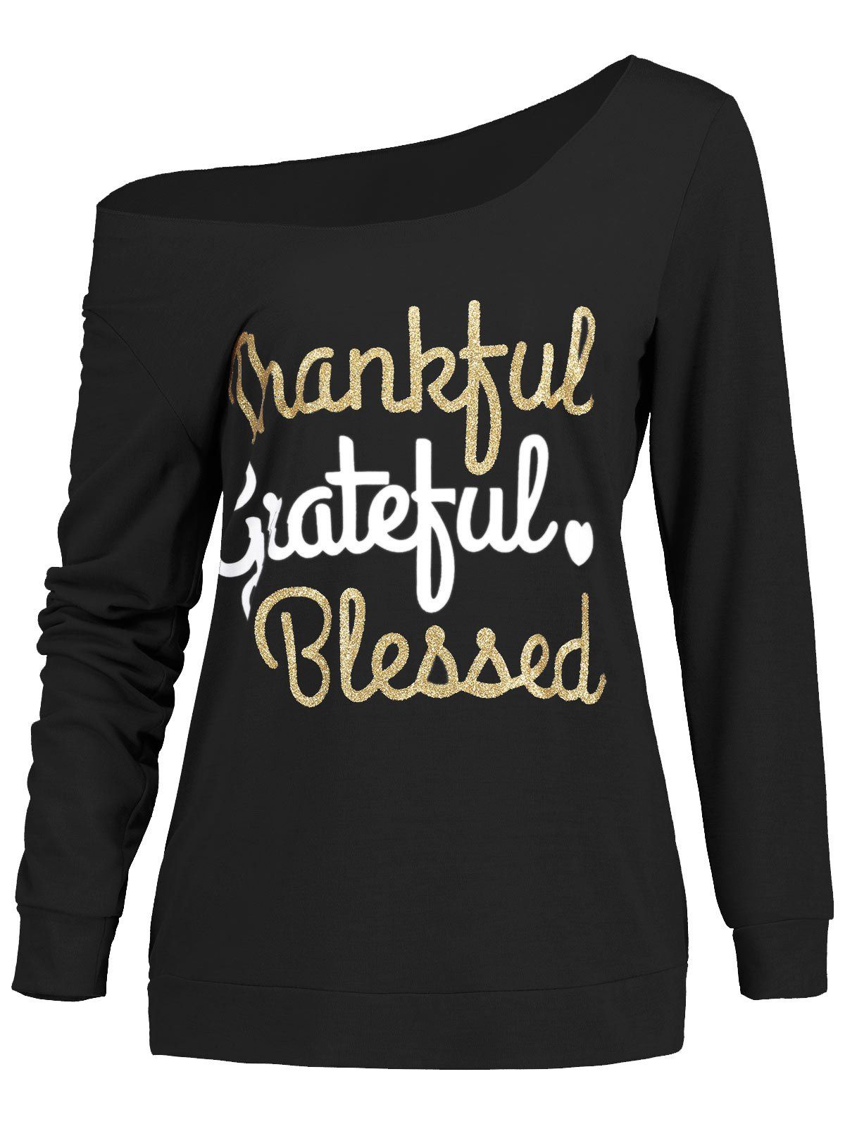 

Thanksgiving Skew Neck Graphic Print Top, Black