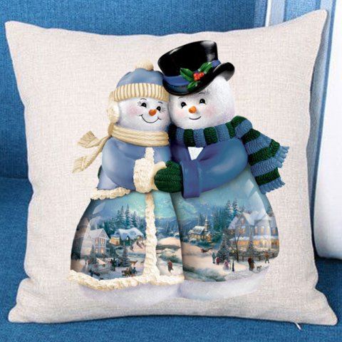 Two Hugged Snowmen Patterned Throw Pillow Case