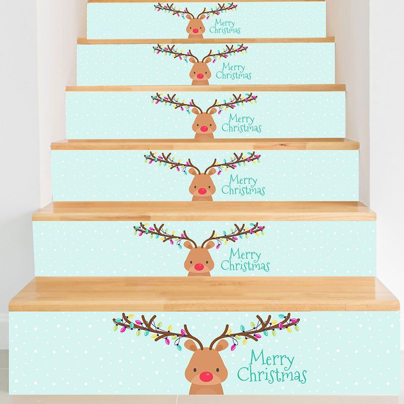 

Cartoon Christmas Deer Printed DIY Decorative Stair Stickers, Light blue