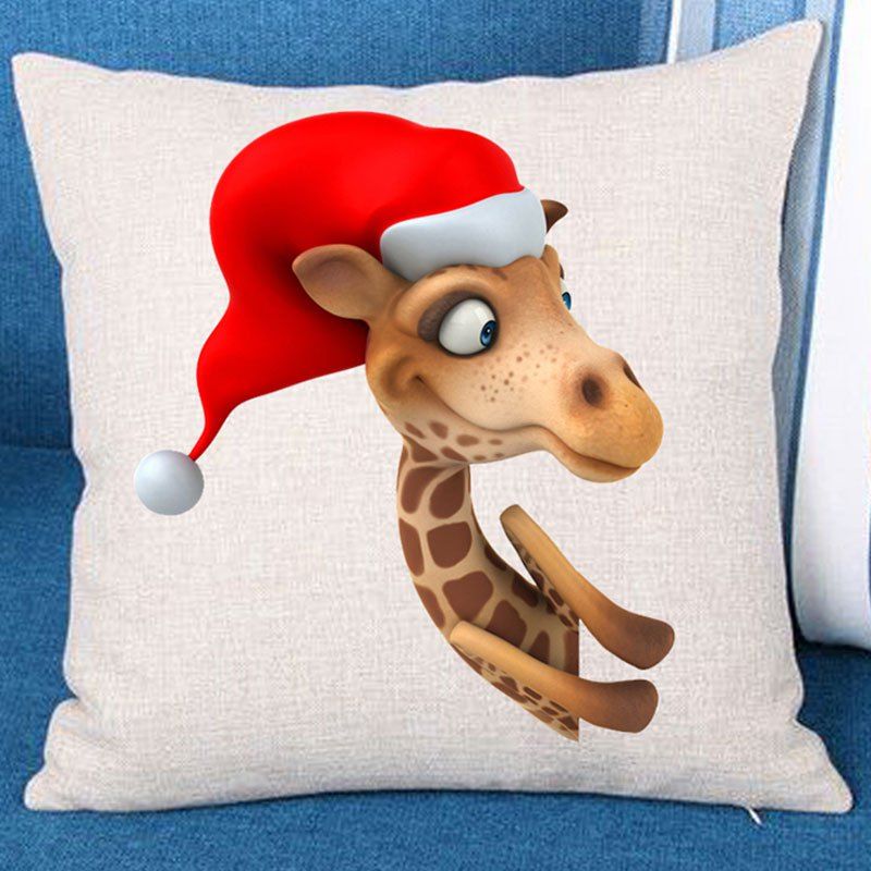 

Cartoon Giraffe with Christmas Hat Pattern Sofa Pillow Case, Colorful