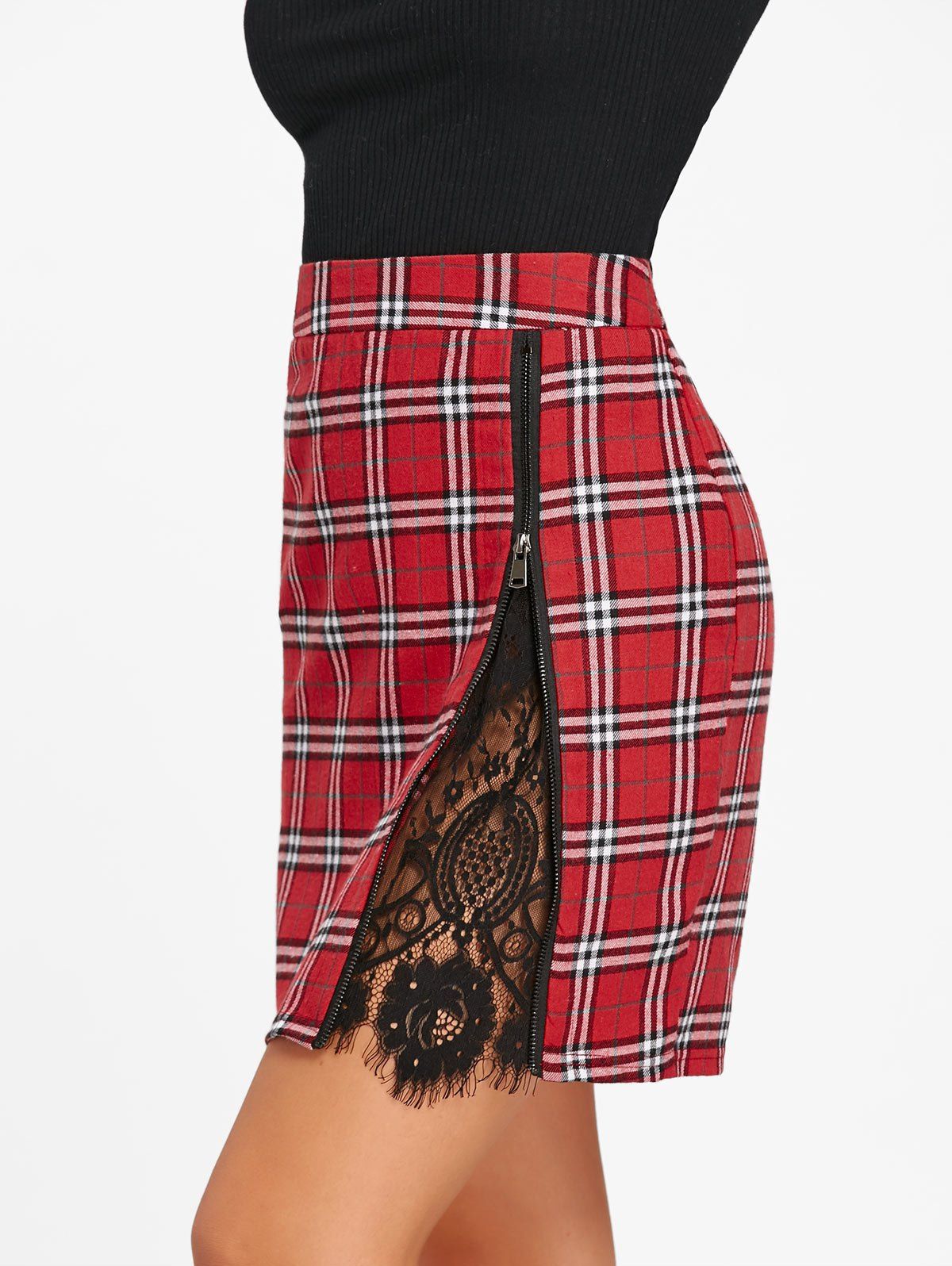 

Lace Panel Plaid Skirt, Red