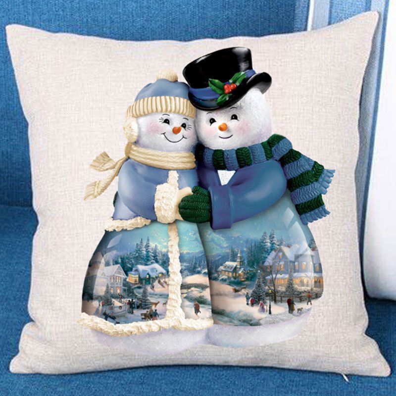 

Two Hugged Snowmen Patterned Throw Pillow Case, White and blue