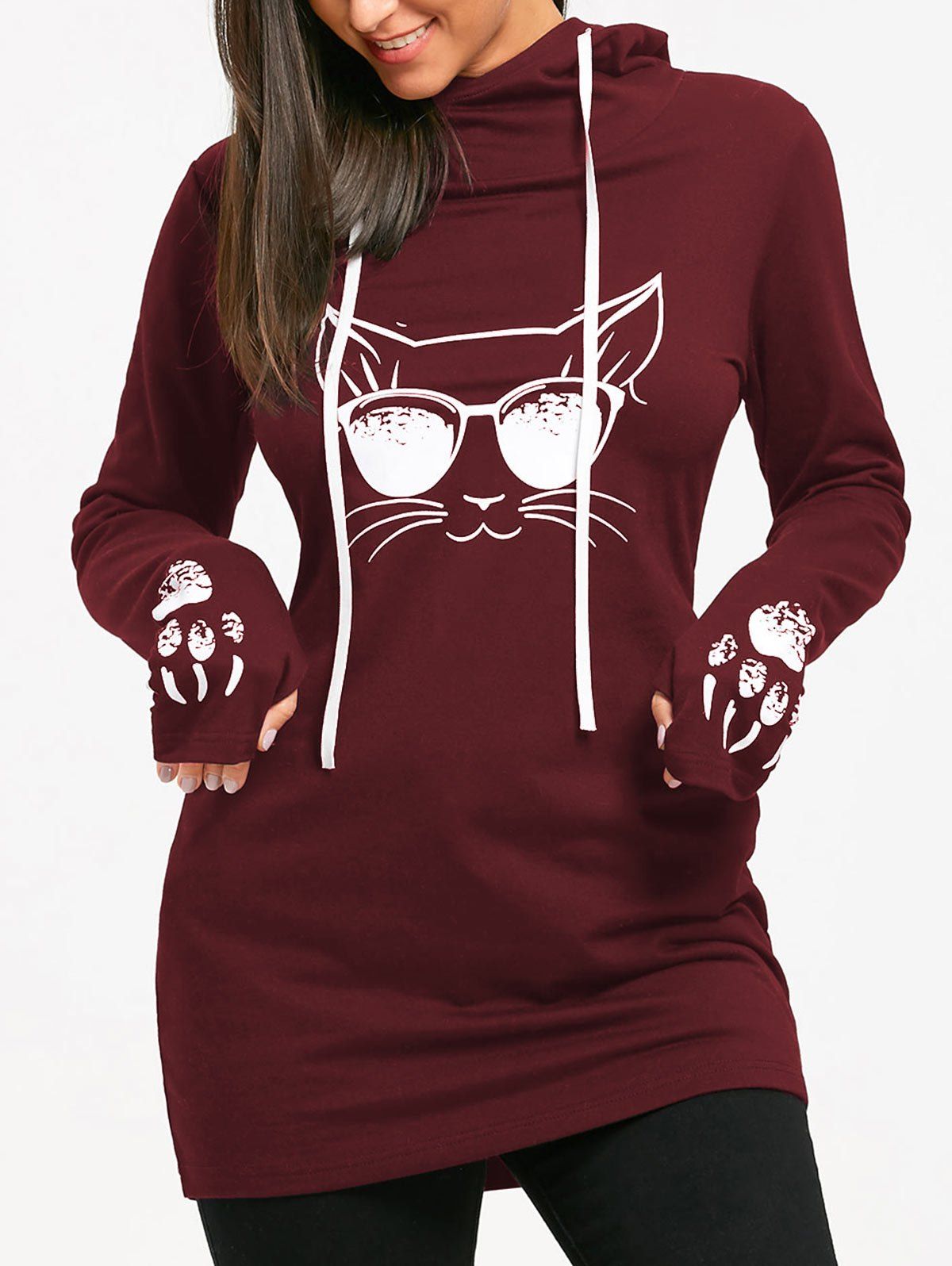 

Cat Print Drawstring Tunic Hoodie, Red