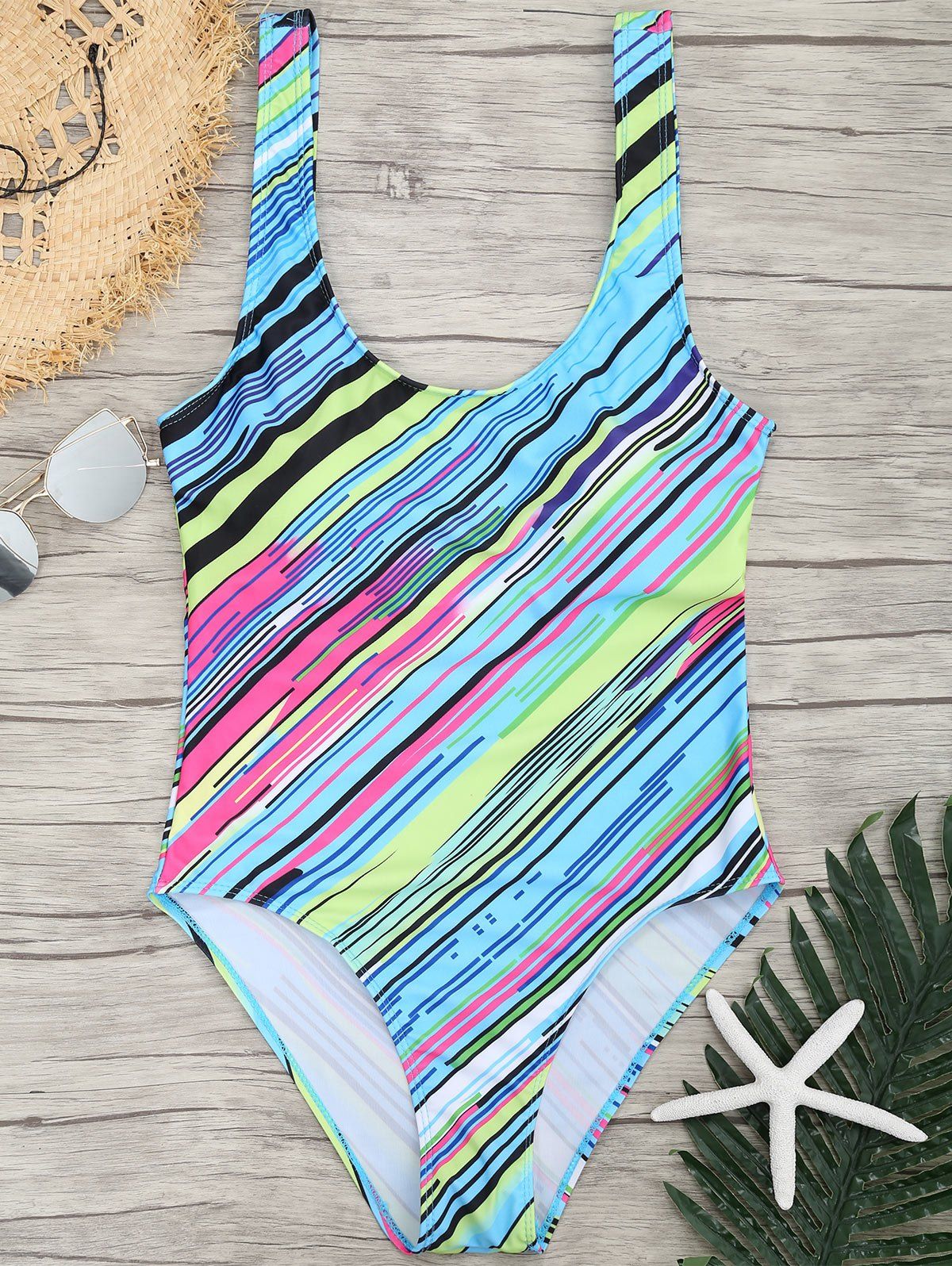 

Colored Striped Padded U Neck One-piece Swimsuit, Blue