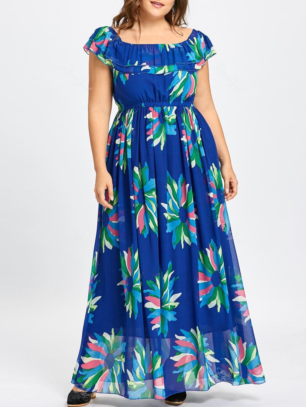 

Flounce Plus Size Floral Maxi Chiffon Dress, Blue
