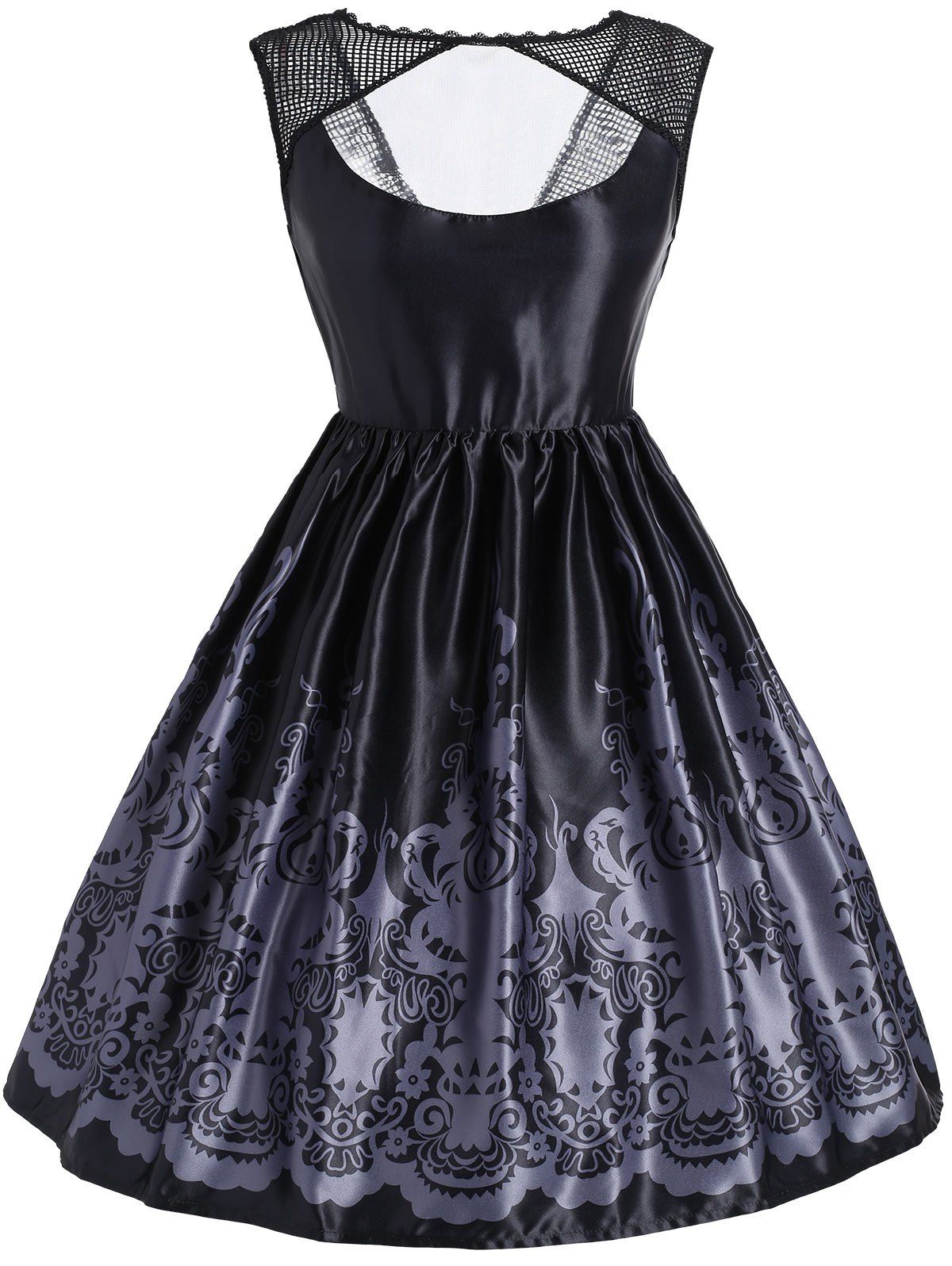 [70% OFF] Vintage Baroque Print Mesh Panel Sleeveless Dress | Rosegal