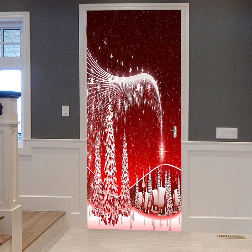 

Christmas Star Village Pattern Door Art Stickers, Red