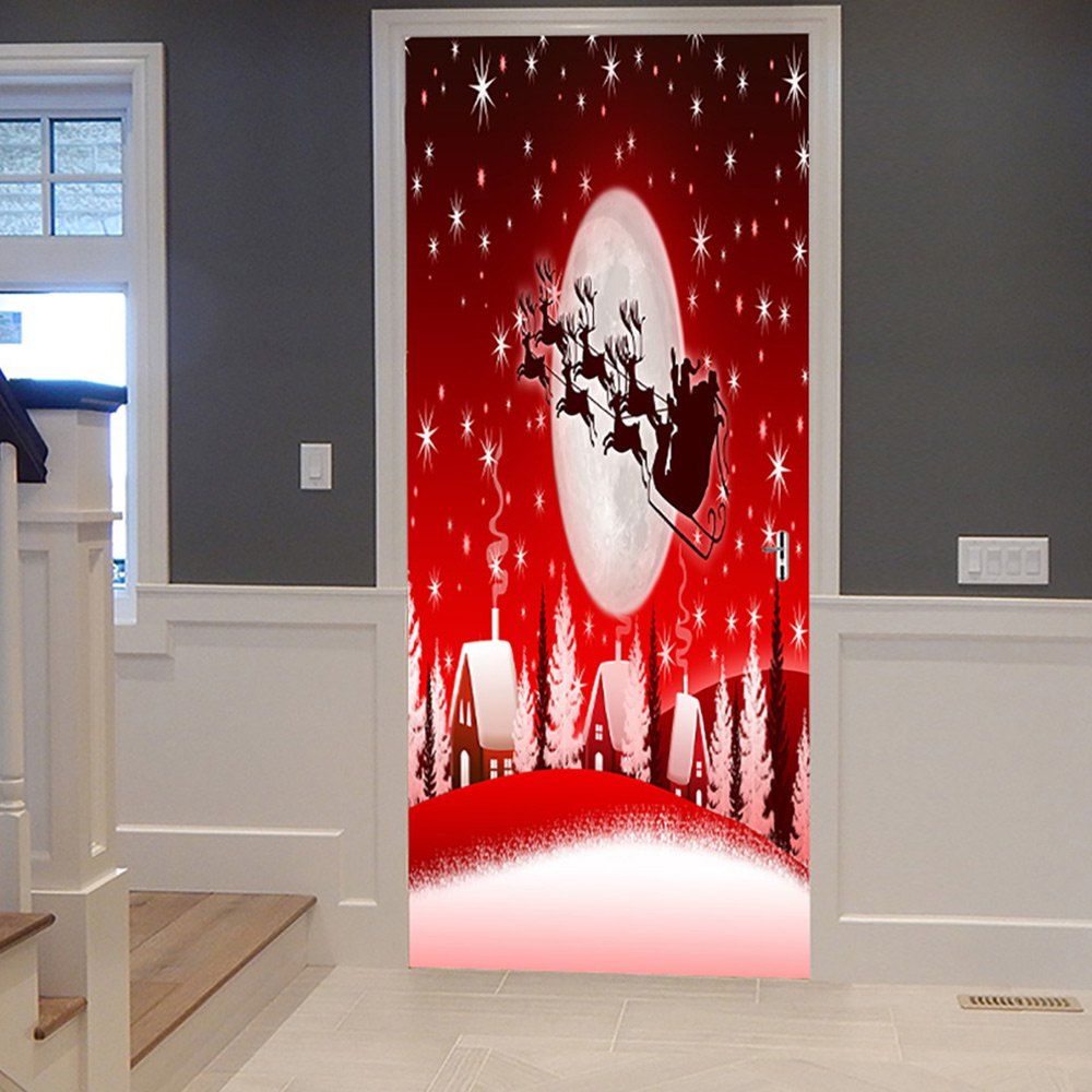 

Christmas Moon Village Pattern Door Art Stickers, Red