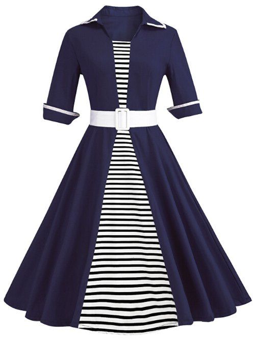 Shirt Collar Striped Panel A Line Dress, Pearl indigo blue