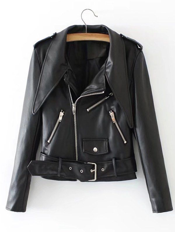 

Zipper Embellished Biker Jacket with Belt, Black