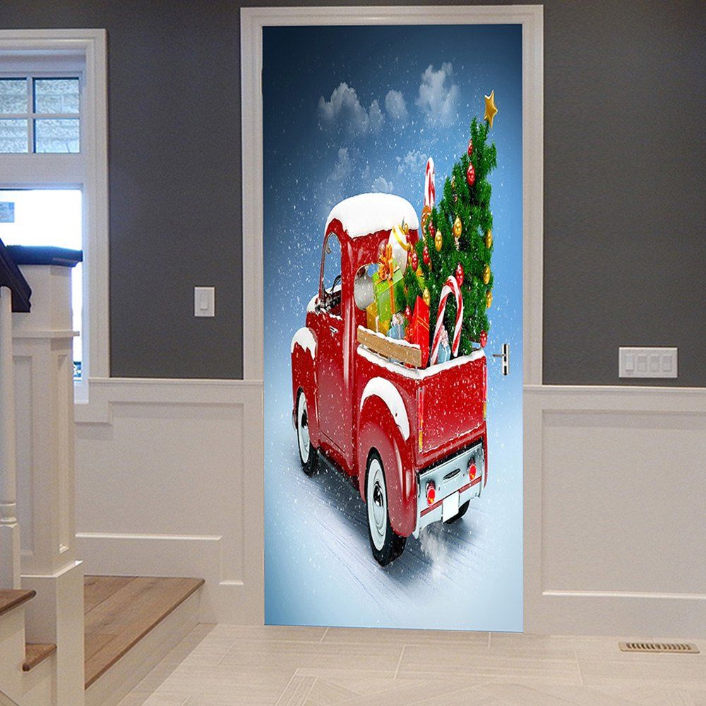 

Christmas Car Tree Pattern Door Cover Stickers, Red