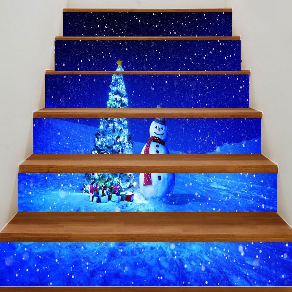 

Snowy Night Snowman Christmas Tree Print Decorative Stair Stickers, Blue