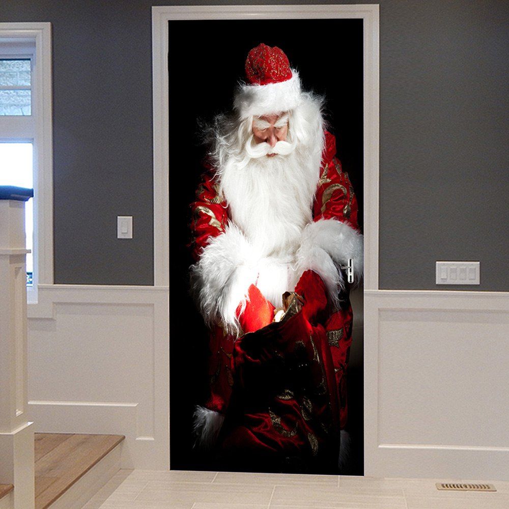 

Christmas Santa Gift Bag Pattern Door Cover Stickers, White