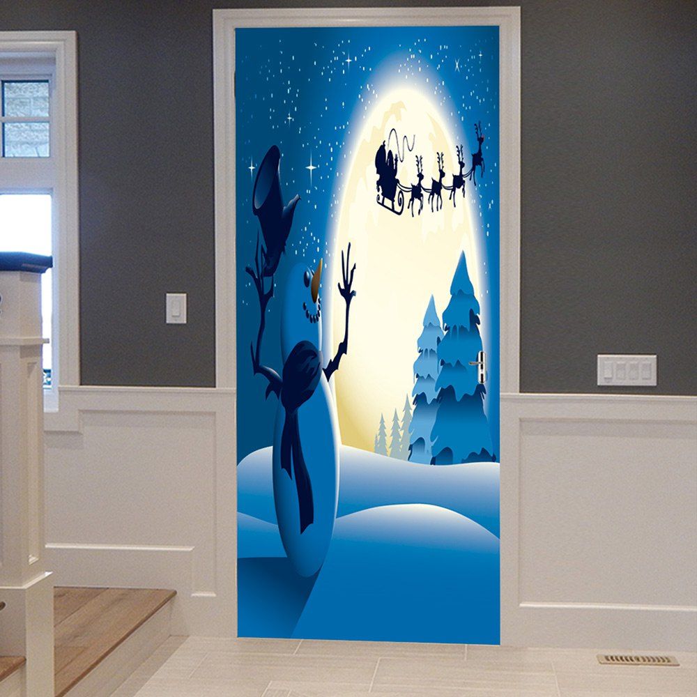 

Christmas Moon Snowman Pattern Door Cover Stickers, White