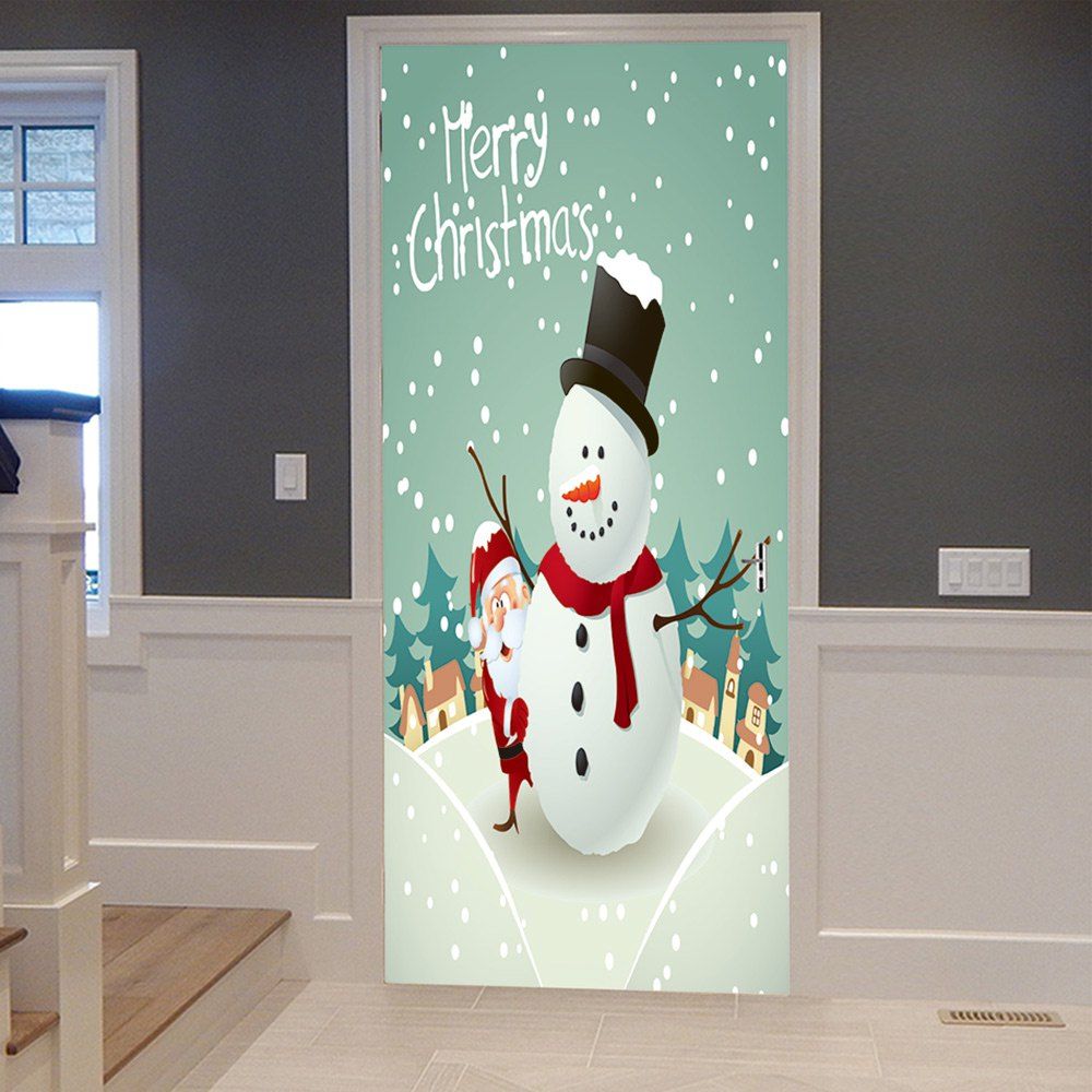 

Christmas Snowman Santa Pattern Door Cover Stickers, White