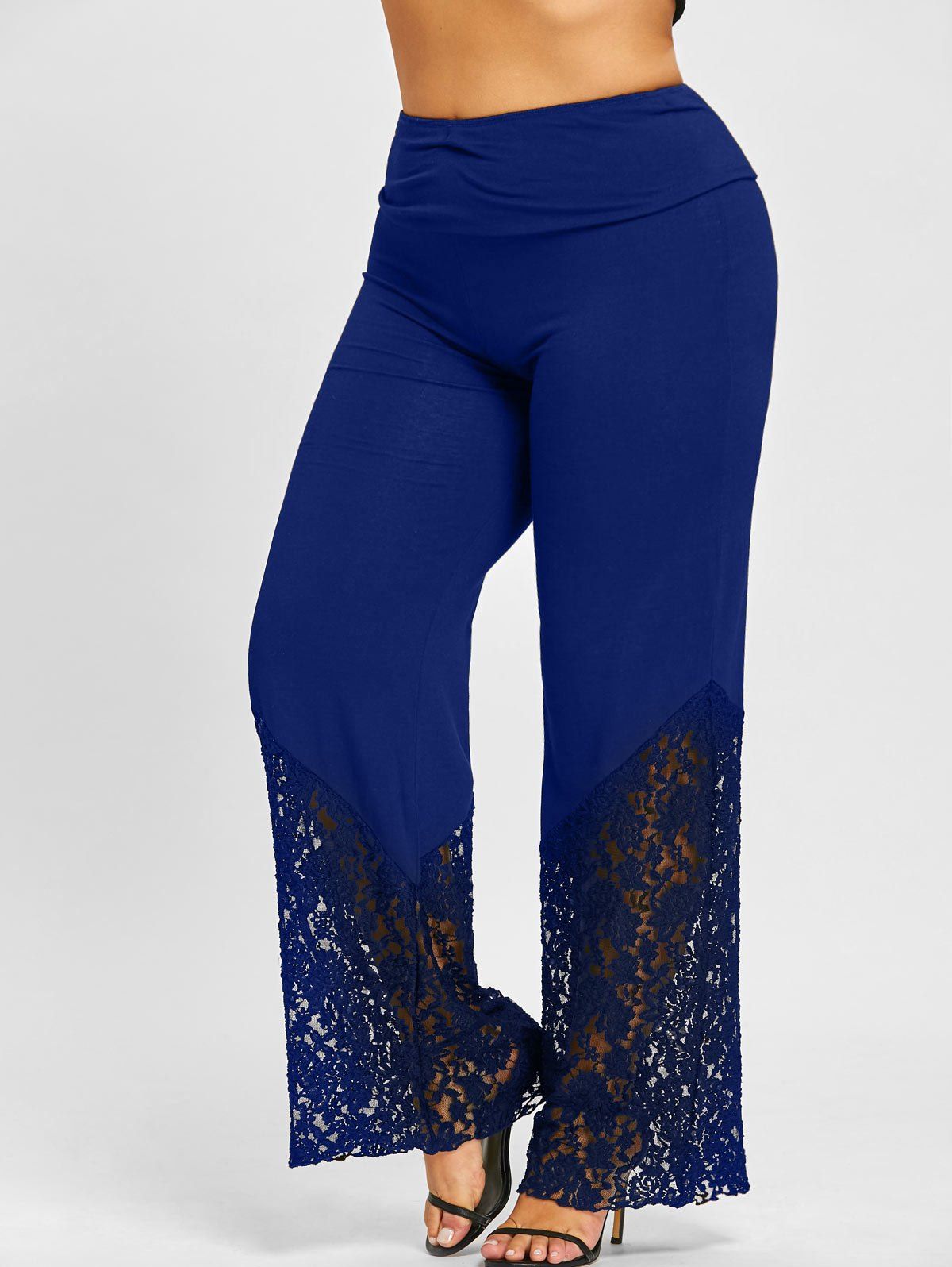 

Plus Size Lace Hem Palazzo Pants, Deep blue