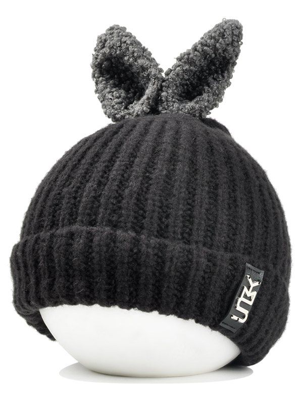 

Outdoor Rabbit Ear Embellished Flanging Knitted Beanie, Black