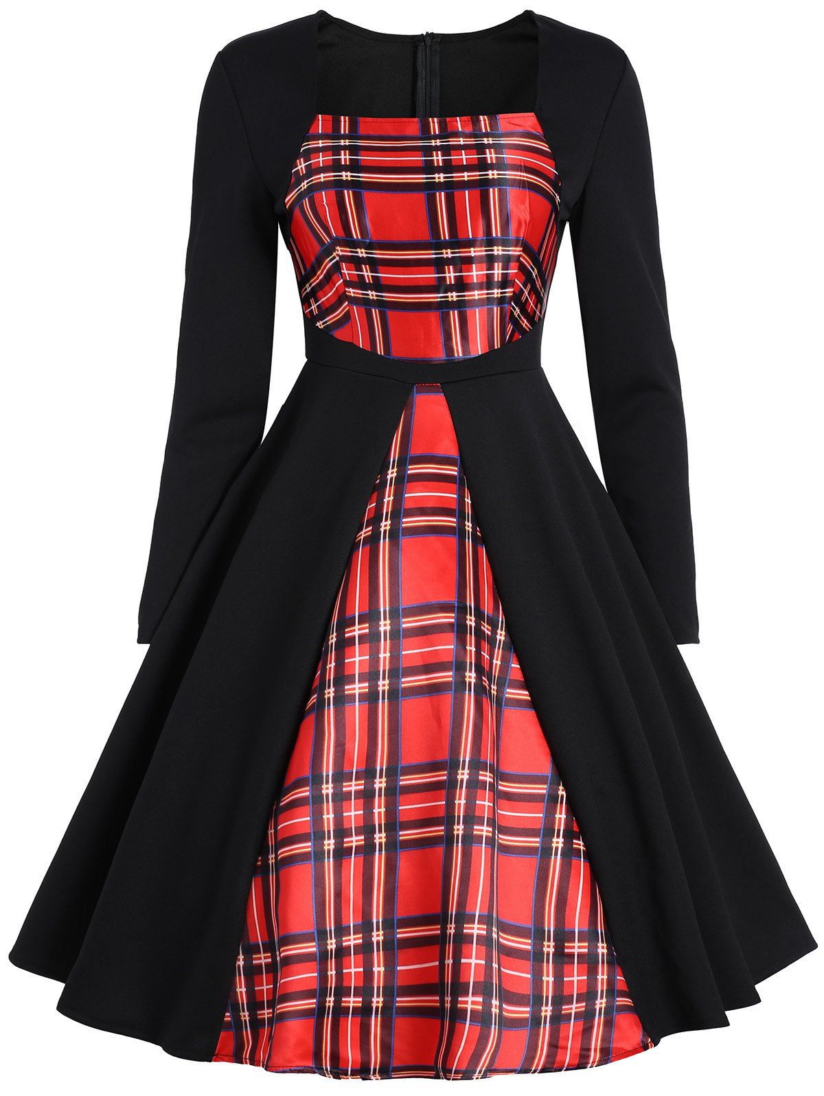 

Vintage Long Sleeve Plaid Panel Dress, Red