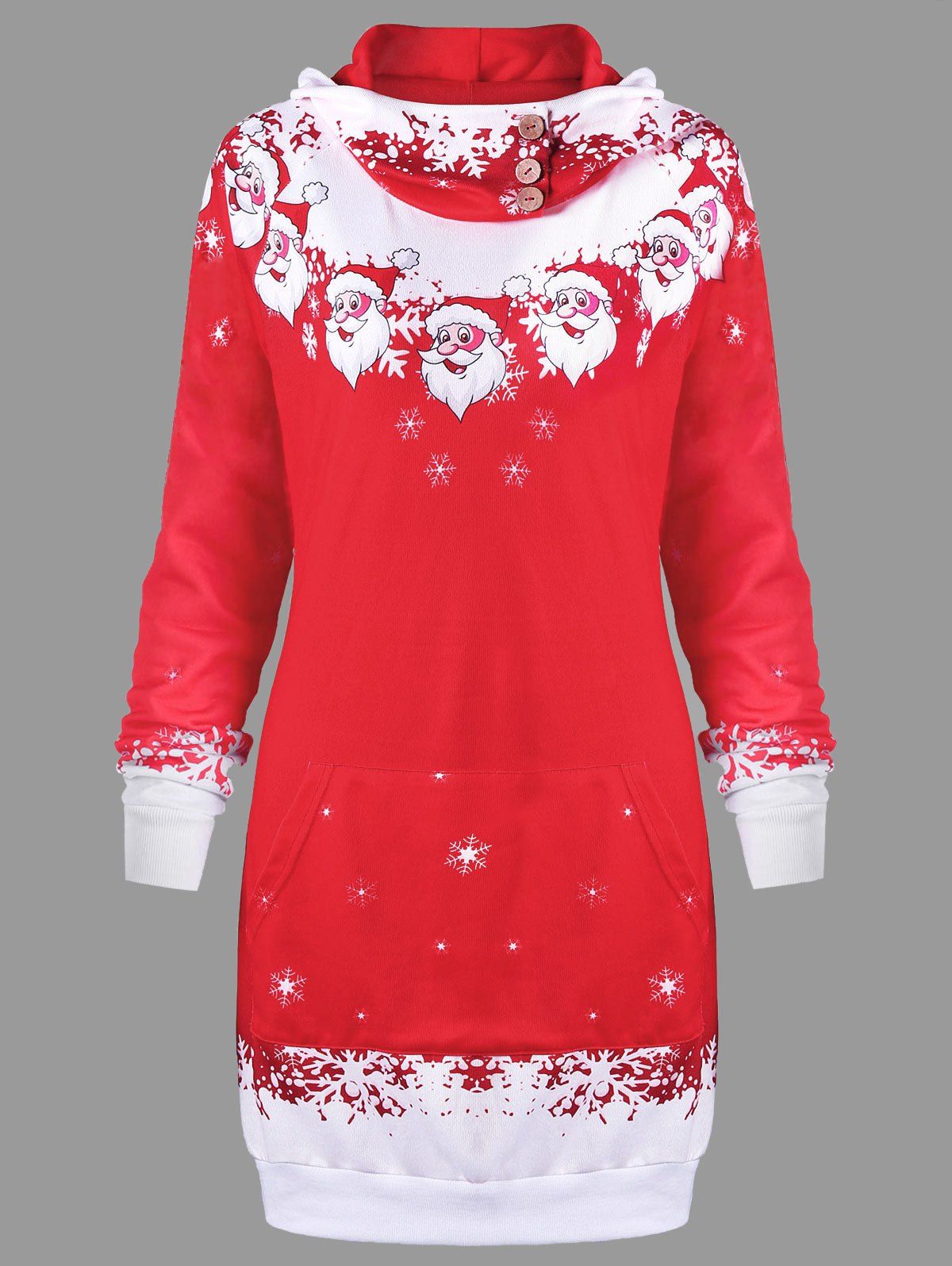 

Christmas Santa Claus Print Hooded Dress, Red