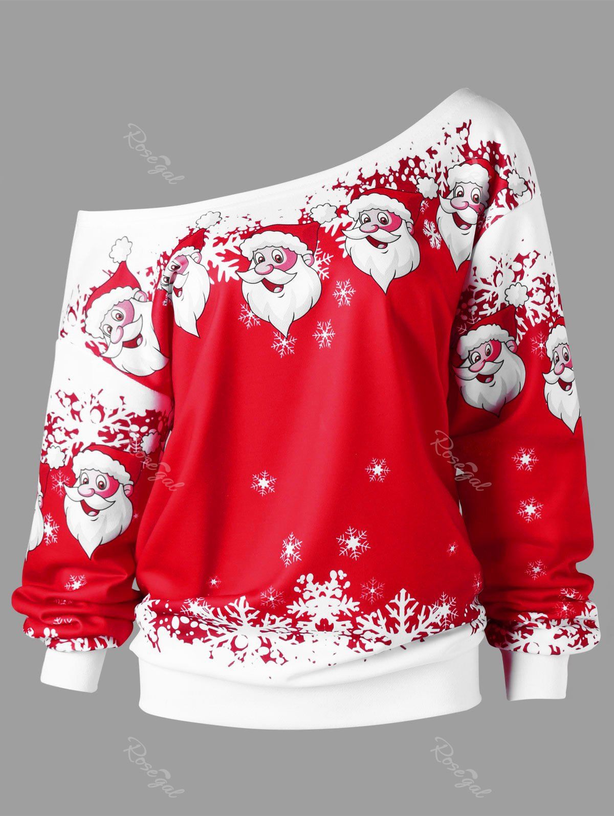 

Christmas Plus Size Skew Collar Santa Claus Sweatshirt, Red with white