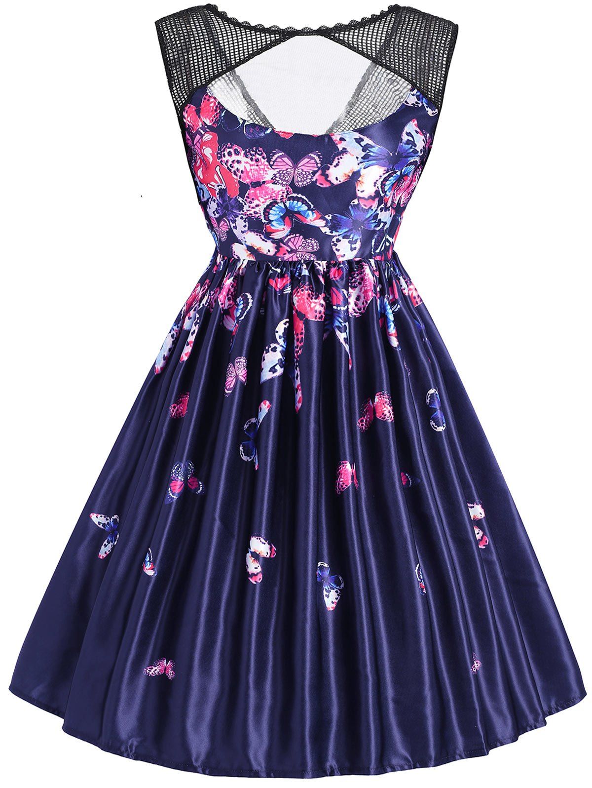 

Vintage Butterfly Print Sleeveless Mesh Panel Dress, Blue