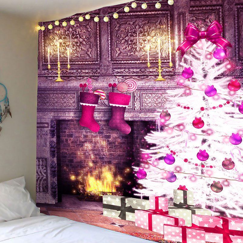 

Christmas Fireplace And Tree Patterned Wall Art Tapestry, Purple