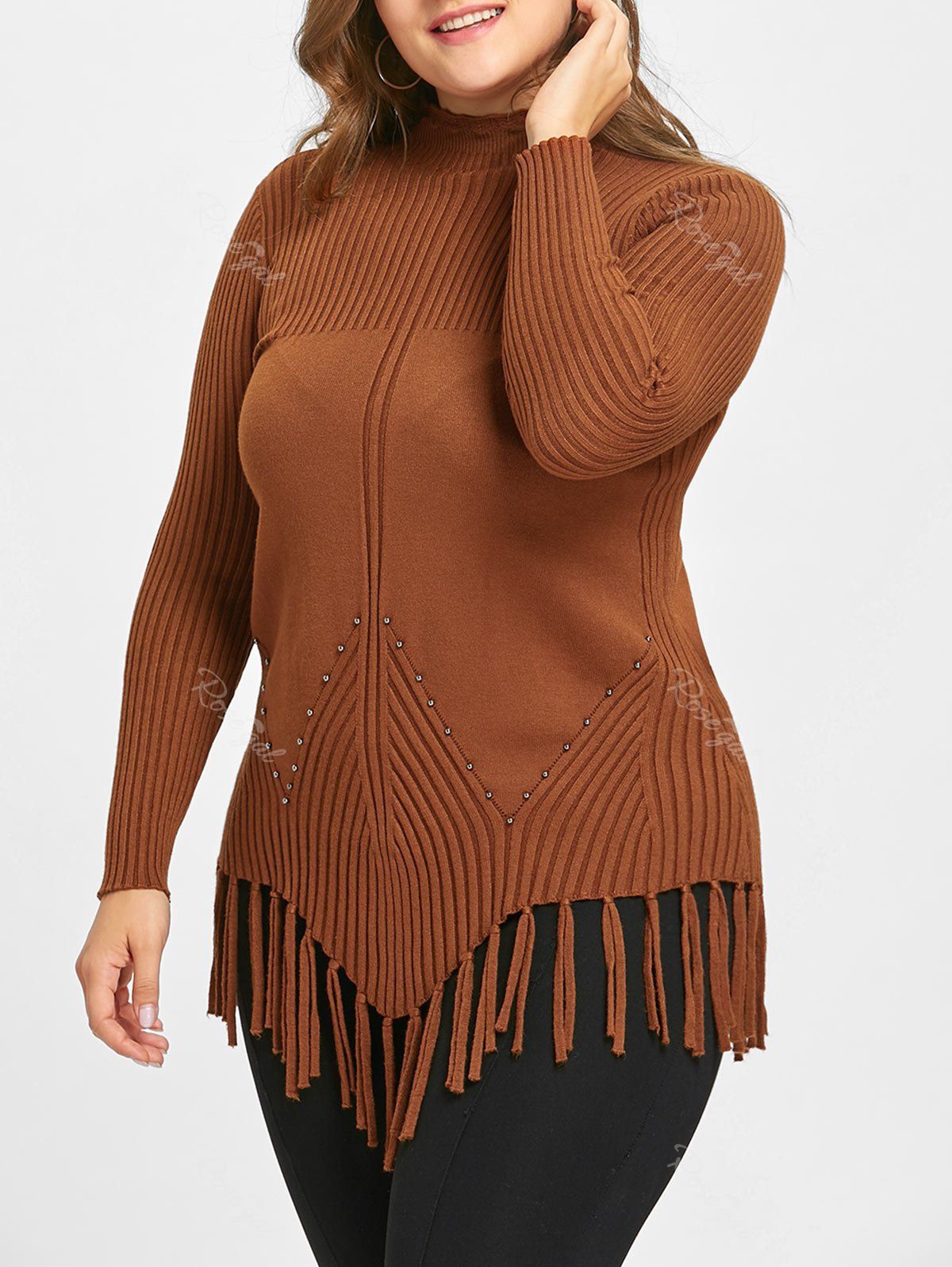 

Plus Size Fringed Ribbed High Neck Sweater, Khaki