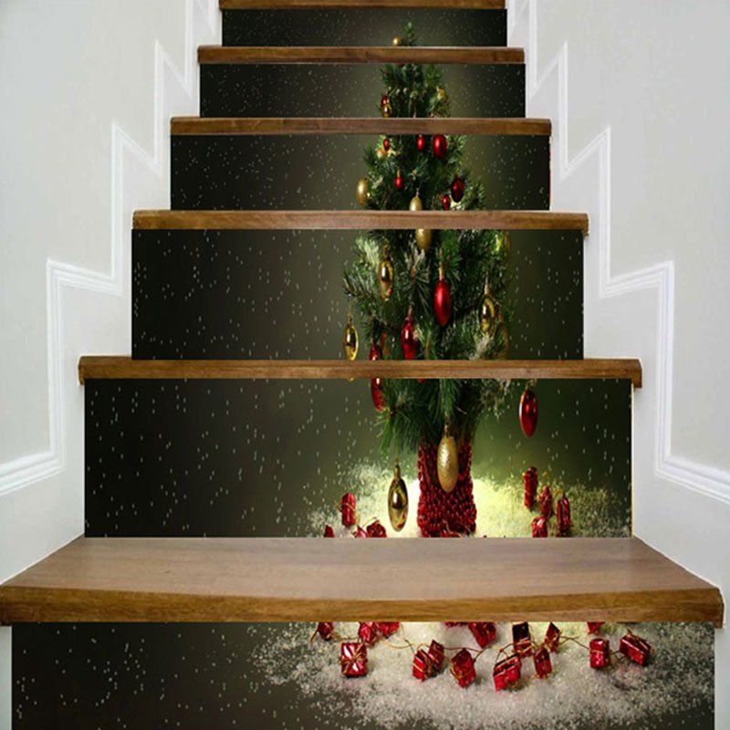 Arbre de Noël imprimé autocollants d'escalier décoratifs bricolage Vert Gris Foncé 100*18CM*6pcs