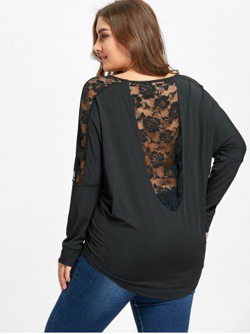 

Plus Size Sheer Lace Insert T-shirt, Black