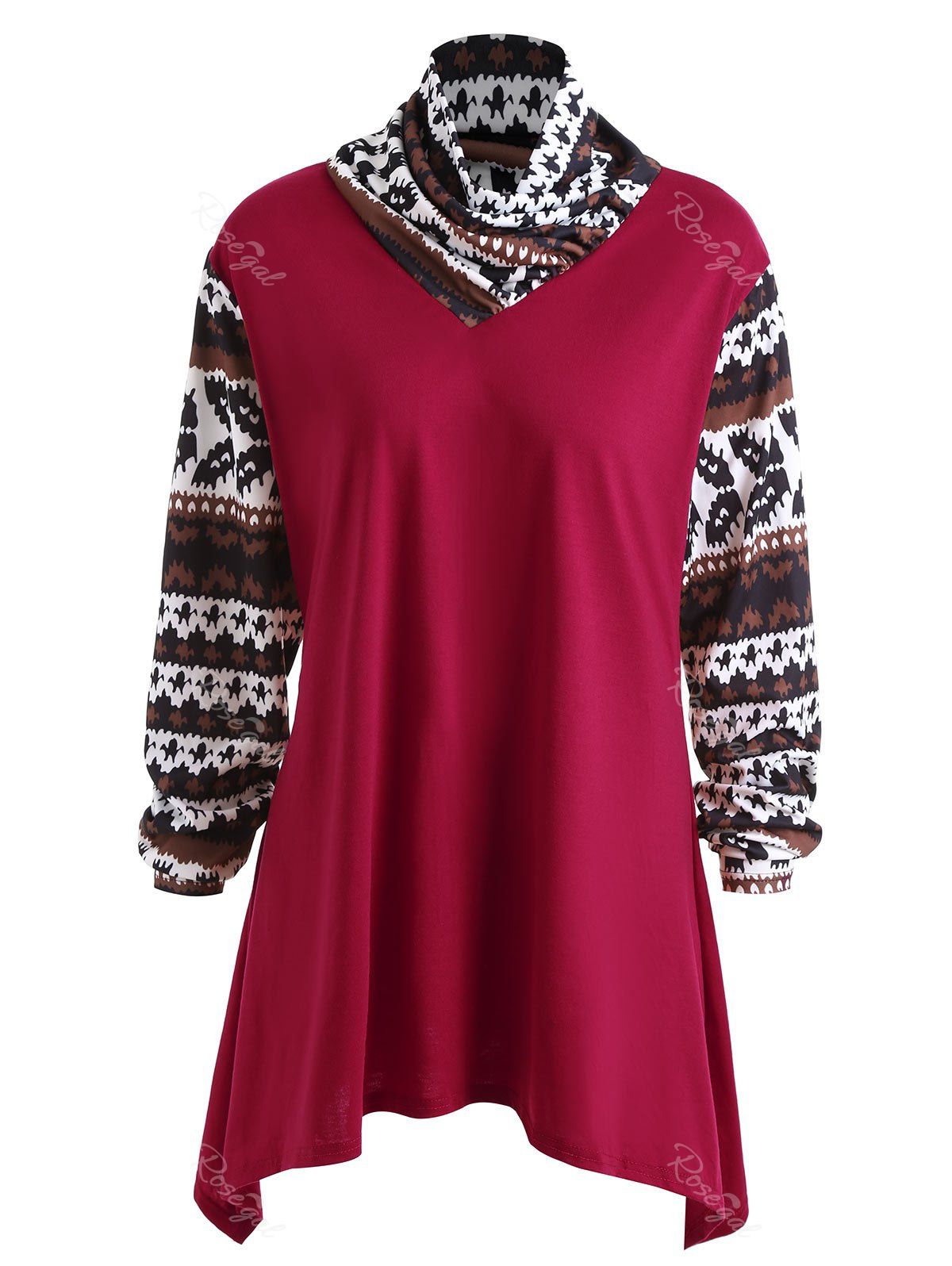 

Ethnic Geometric Asymmetrical Plus Size T-shirt, Wine red