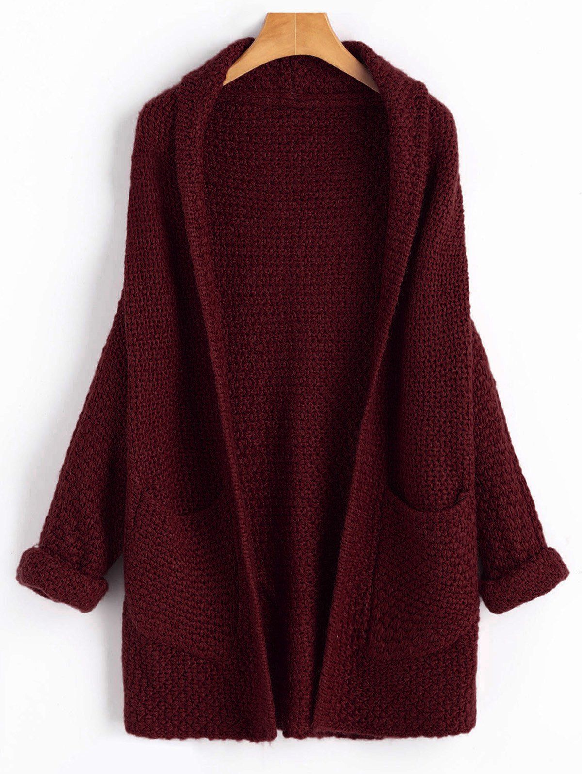 

Open Front Curled Sleeve Batwing Cardigan, Wine red