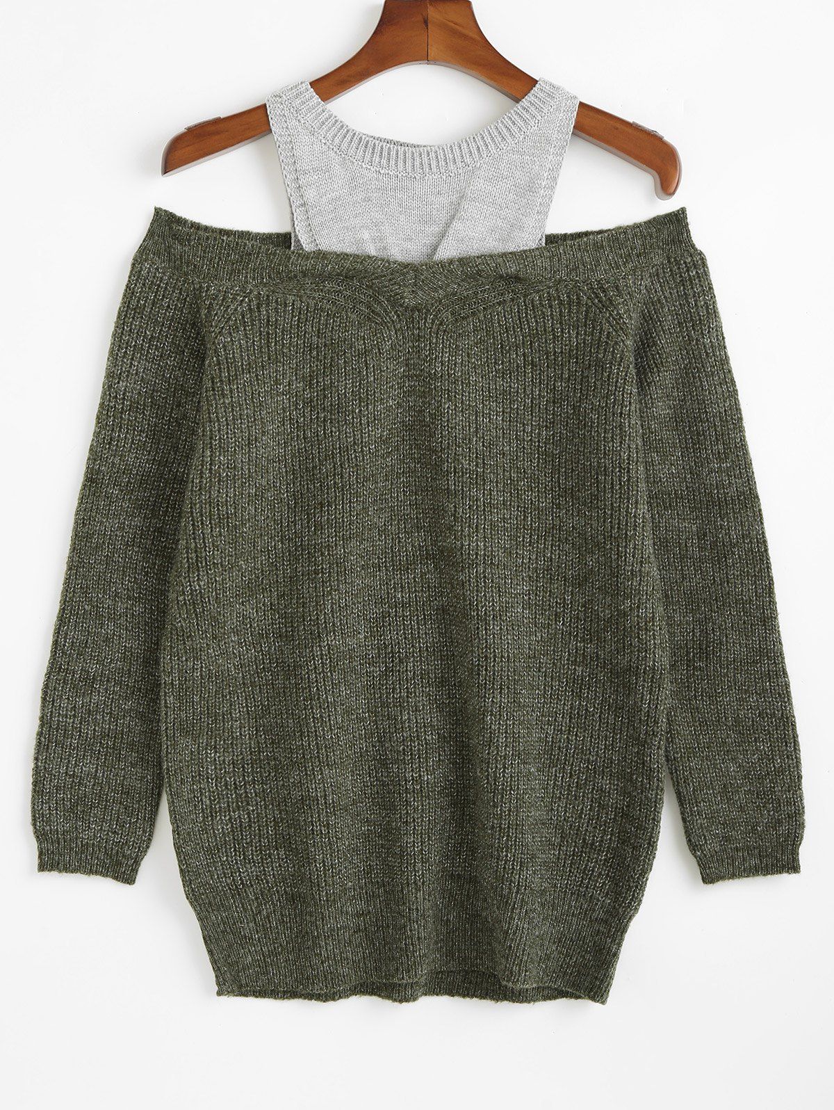 

Two Tone Cold Shoulder Tunic Sweater, Army green