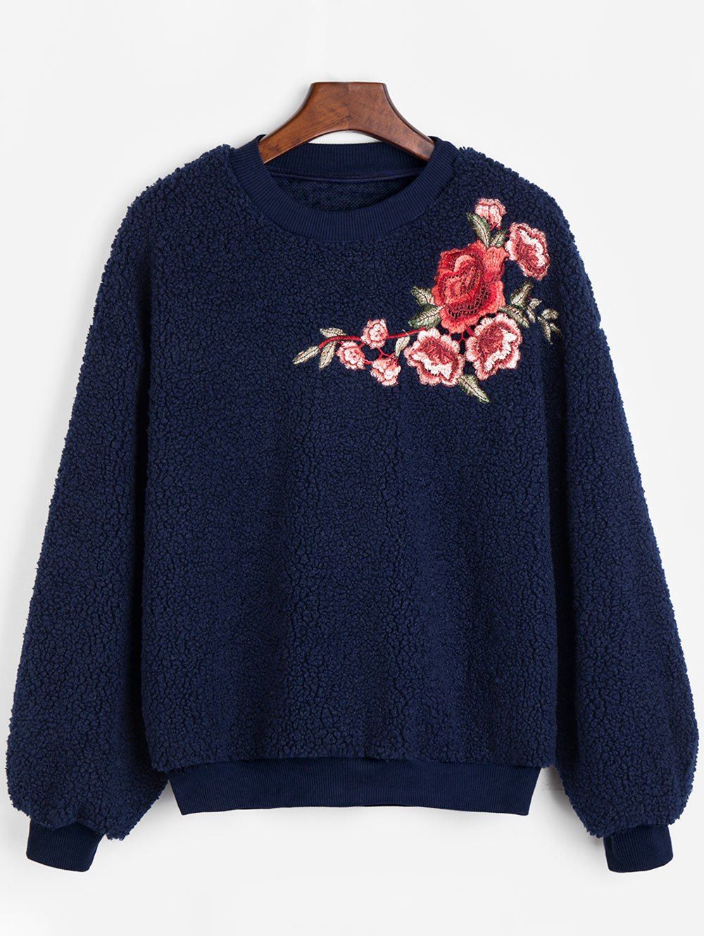 

Embroidered Crew Neck Fleece Sweatshirt, Purplish blue