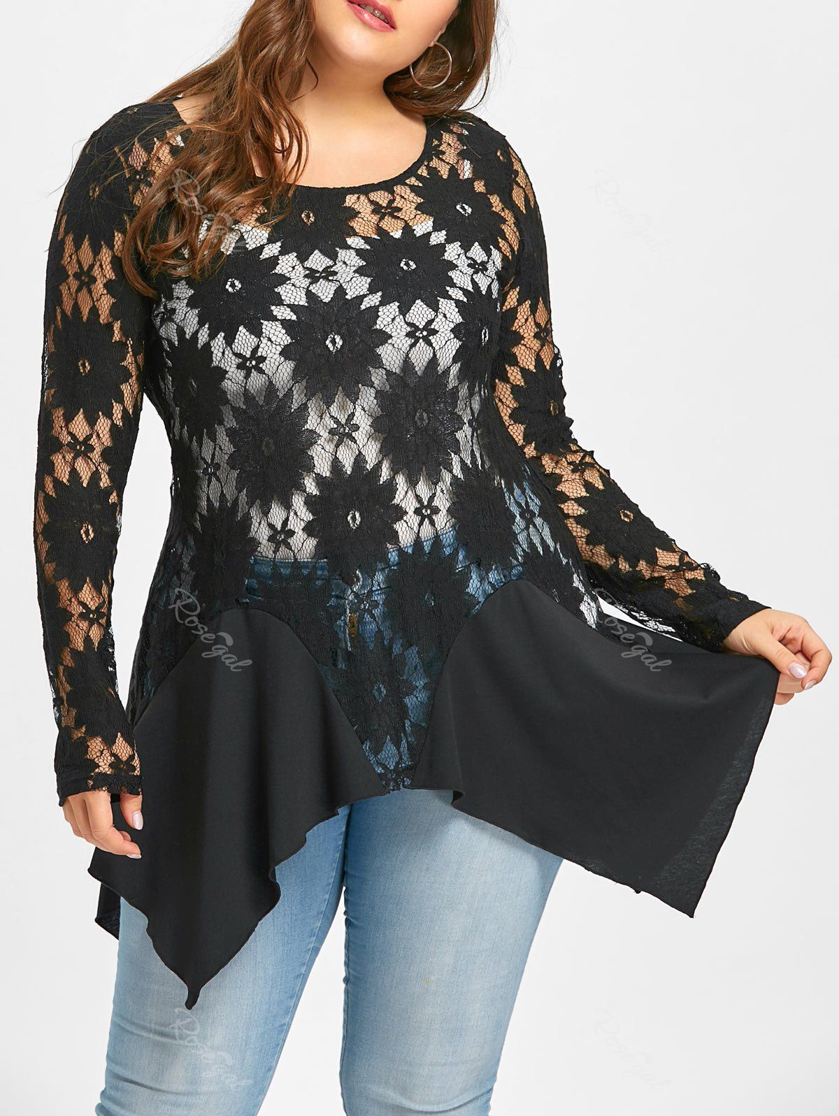 

Plus Size Lace Floral Handkerchief Blouse, Black