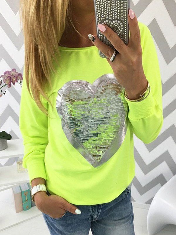 

Long Sleeve Sequin Heart Print T-shirt, Neon green