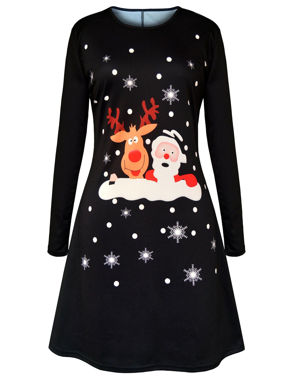 

Christmas Cartoon Elk Santa Claus Printed Dress, Black