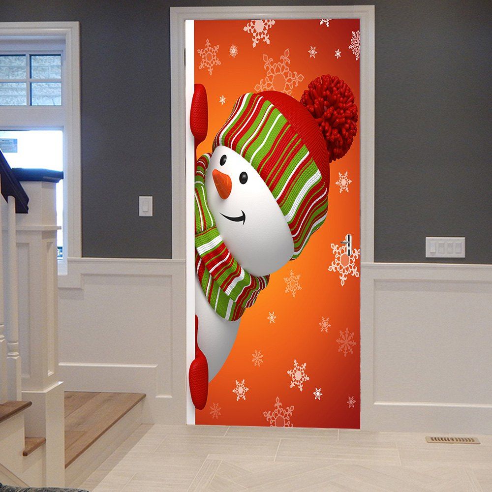 

Christmas Hatted Snowman Pattern Door Cover Stickers, Colormix