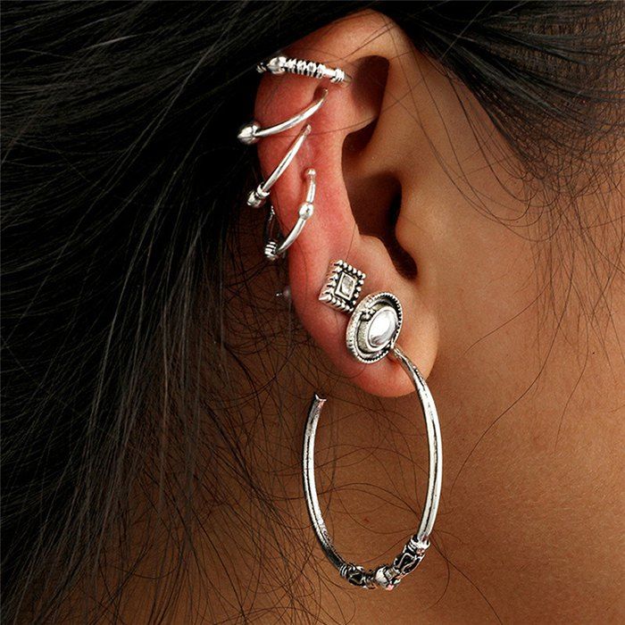 [34 OFF] Metal Vintage Bohemian Cuff Earring Set Rosegal