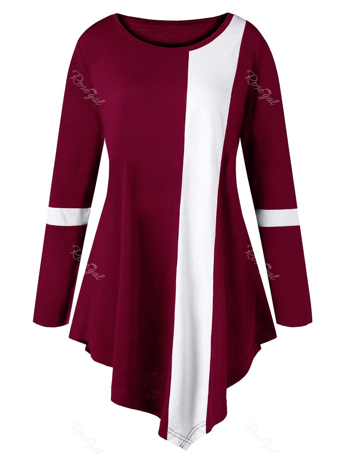 

Plus Size Asymmetric Two Tone Color Top, Wine red