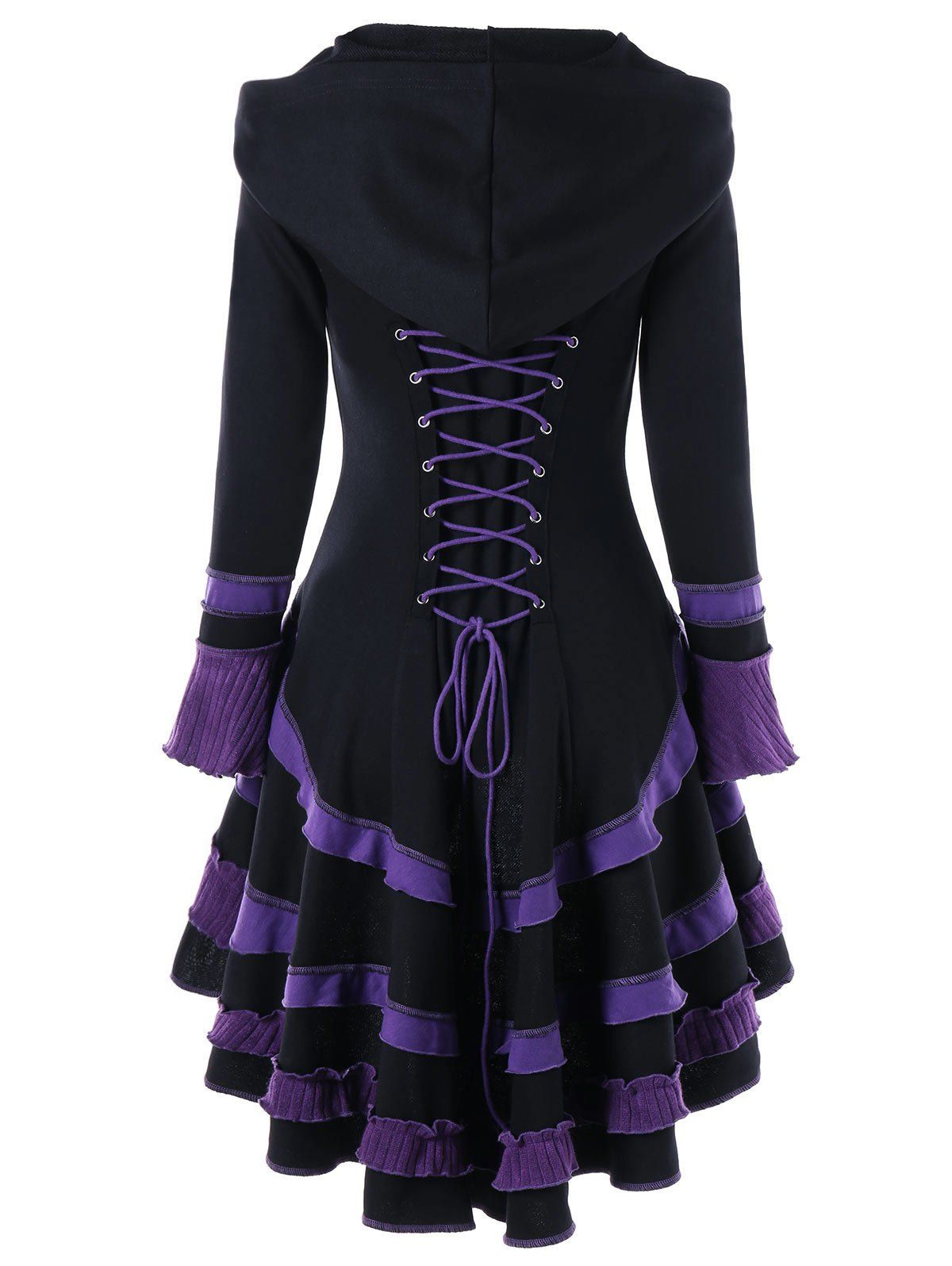 

Lace-up High Low Buckle Duffle Coat, Black