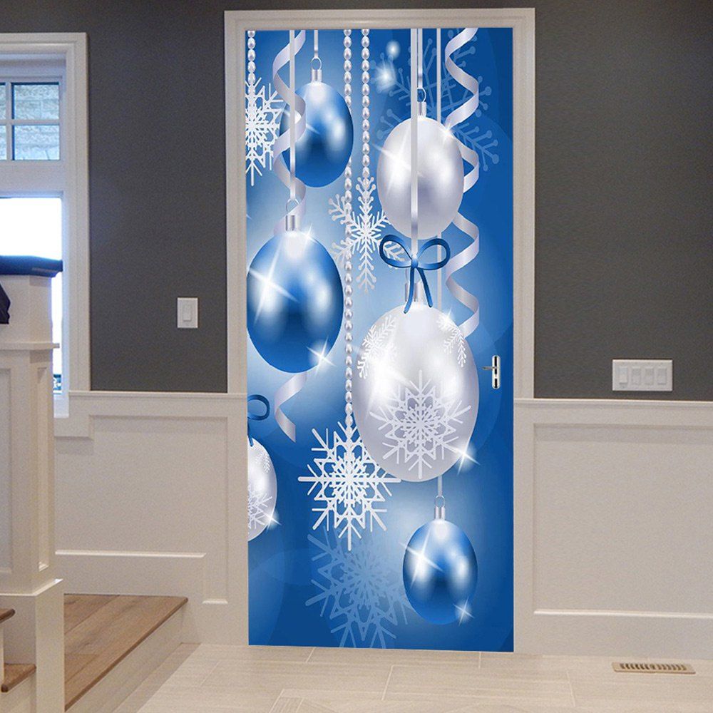 

Christmas Baubles Snowflakes Pattern Door Cover Stickers, Blue