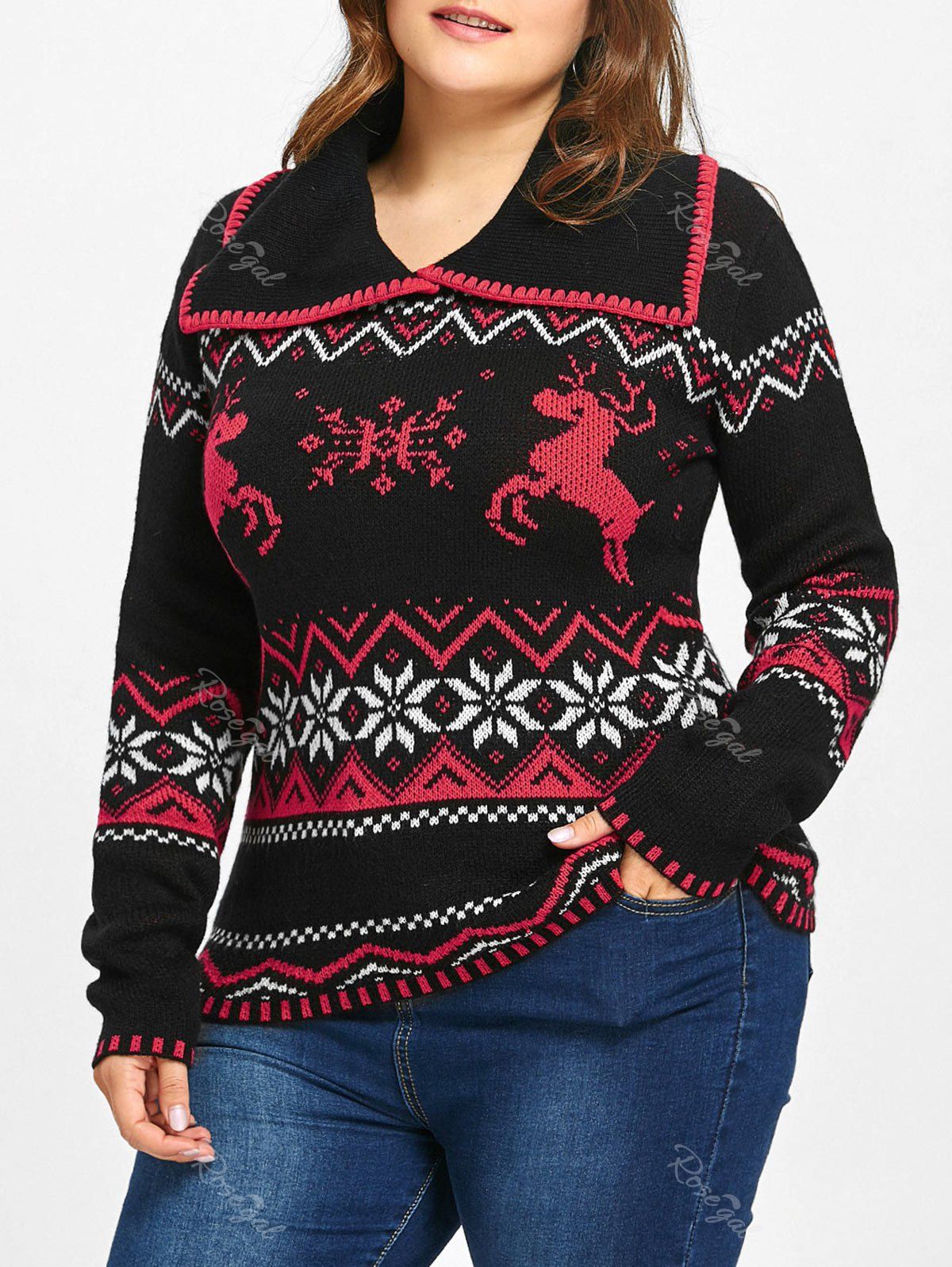 

Plus Size Christmas Snowflake Elk Jacquard Sweater, Black