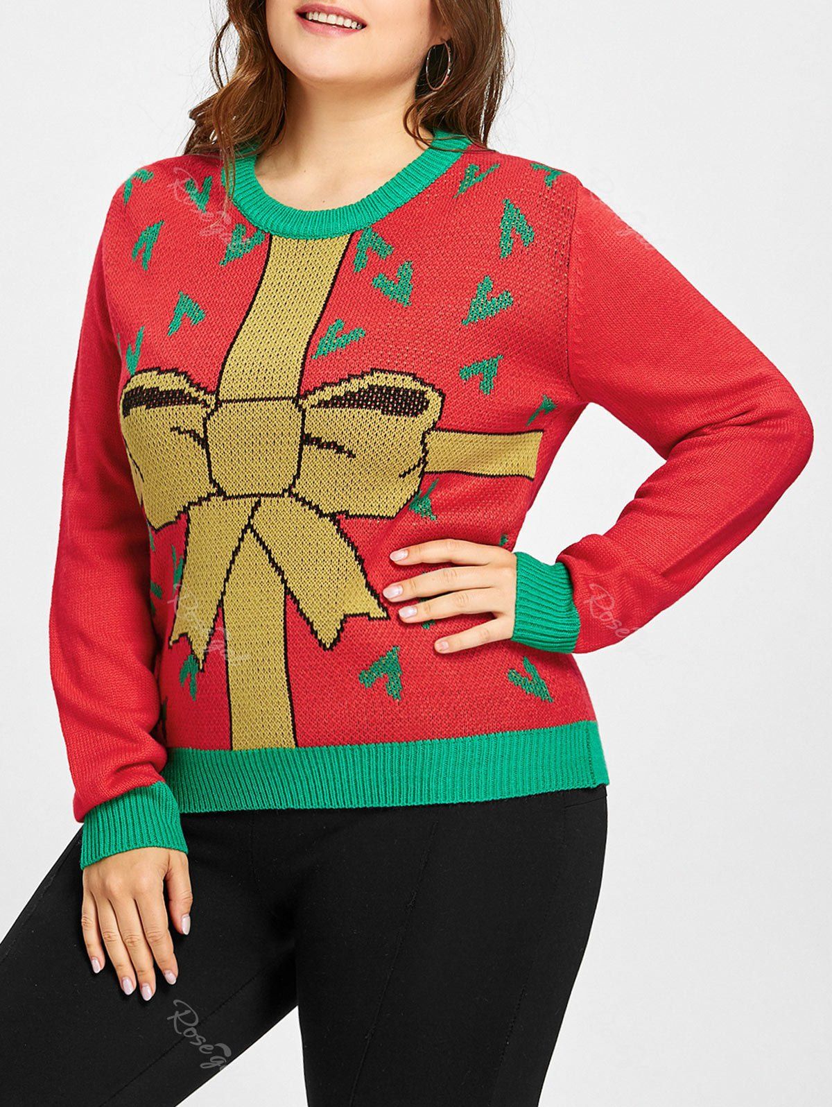 

Plus Size Christmas Gift Bowknot Jacquard Sweater, Red